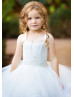 Spaghetti Straps White Tulle Ruffle Long Flower Girl Dress